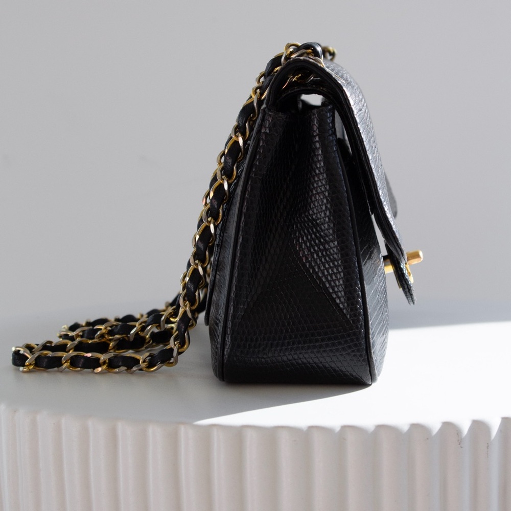 Chanel Vintage Small Classic Flap Exotic Lizard Leather 24K Gold CC Black Bag - Picture 7 of 16
